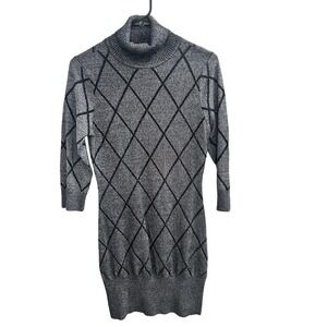 Women's Medium Venus Gray Metallic Diamond 3/4 Sleeve Turtleneck Bodycon‎ Dress